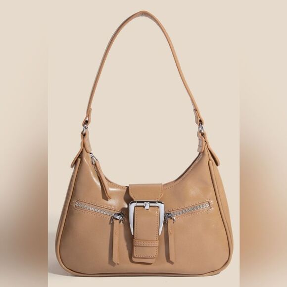 Large Silver Buckle Triple Zipper Hand Bag Elegant Faux Leather Tan Shoulder Bag - Picture 1 of 5